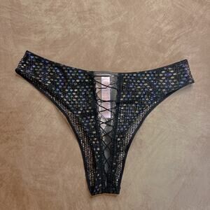 Savage X Fenty Disco Lace Up Brazilian Panties Underwear Black Metallic NWT